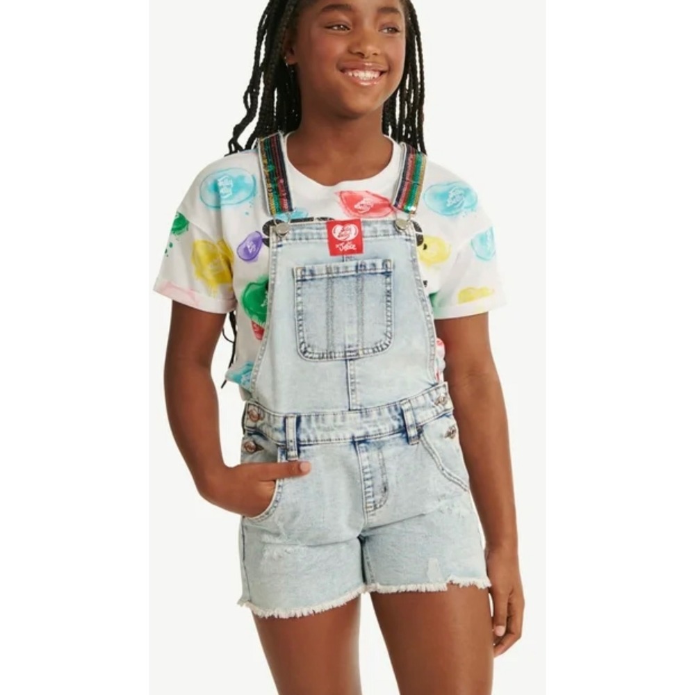 Justice X Jelly Belly Girls Denim Shortalls Rainbow‎ Sequin Straps Size 16